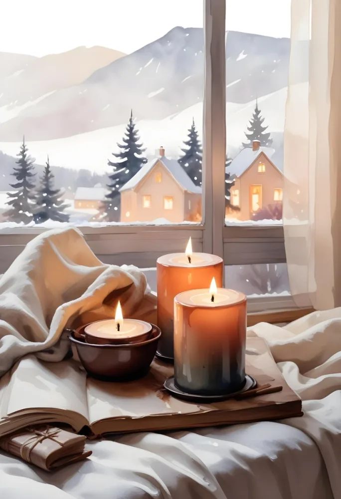 Cozy Winter Scene With Lit Candles A Warm Blanket And A Window Overlooking A Snowy Landscape 19 6c41