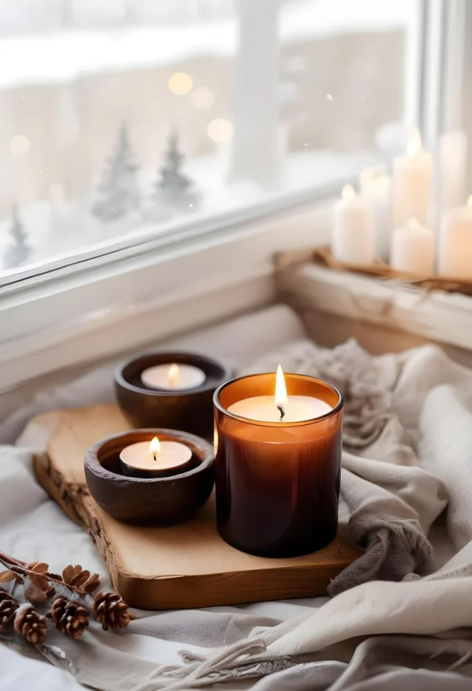 Cozy Winter Scene With Lit Candles A Warm Blanket And A Window Overlooking A Snowy Landscape 21 356c