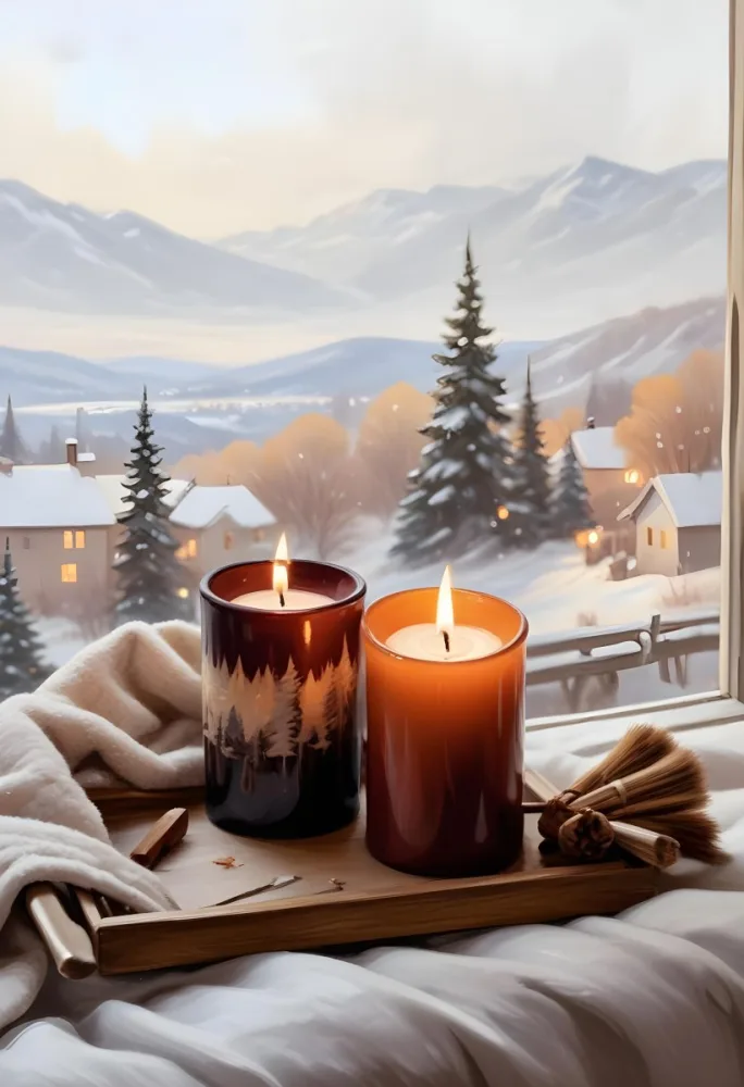 Cozy Winter Scene With Lit Candles A Warm Blanket And A Window Overlooking A Snowy Landscape 29 34c0