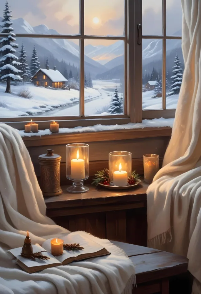 Cozy Winter Scene With Lit Candles A Warm Blanket And A Window Overlooking A Snowy Landscape 30 2c2b