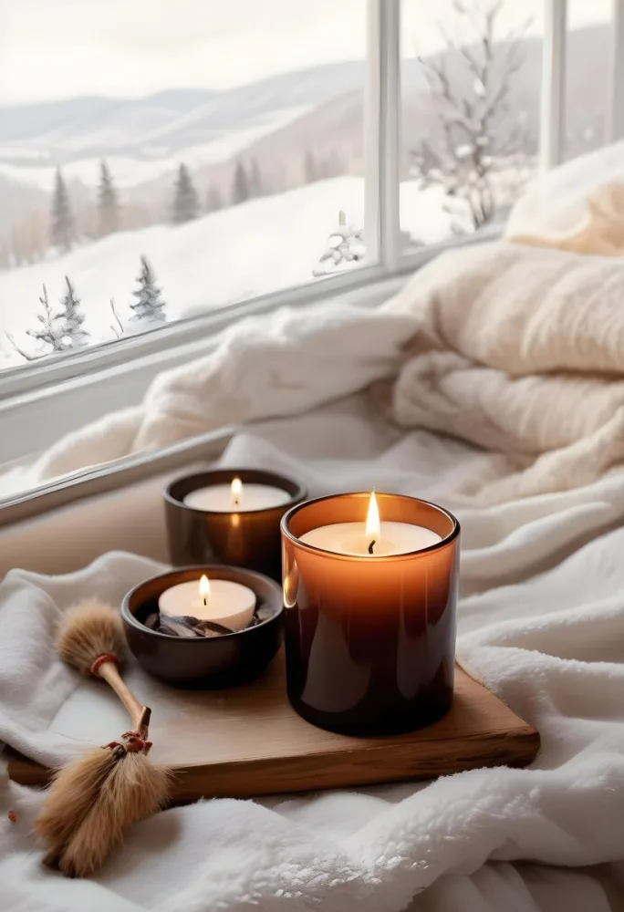 Cozy Winter Scene With Lit Candles A Warm Blanket And A Window Overlooking A Snowy Landscape 32 04d9