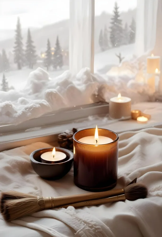 Cozy Winter Scene With Lit Candles A Warm Blanket And A Window Overlooking A Snowy Landscape 33 59ce