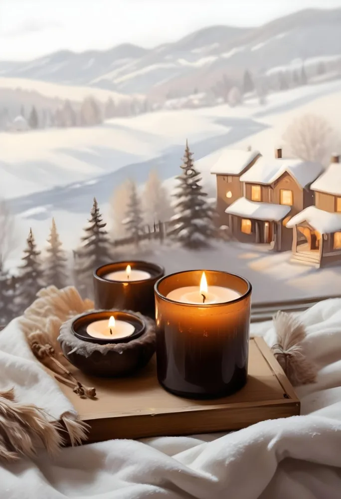 Cozy Winter Scene With Lit Candles A Warm Blanket And A Window Overlooking A Snowy Landscape 35 A14b