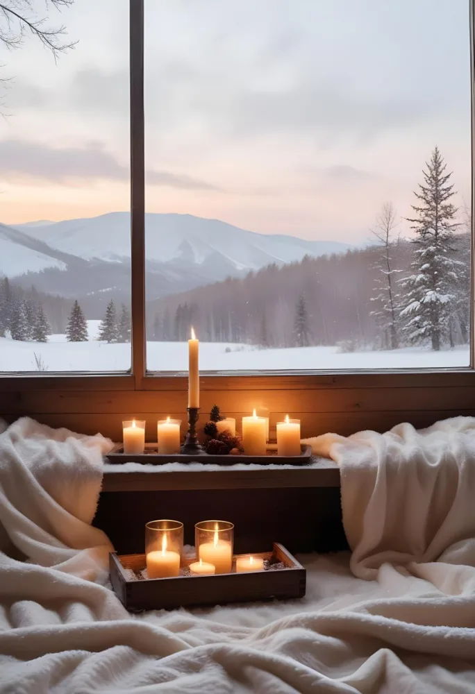 Cozy Winter Scene With Lit Candles A Warm Blanket And A Window Overlooking A Snowy Landscape 36 C2b3