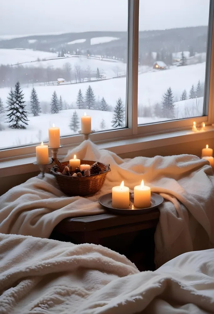 Cozy Winter Scene With Lit Candles A Warm Blanket And A Window Overlooking A Snowy Landscape 37 Aa1c