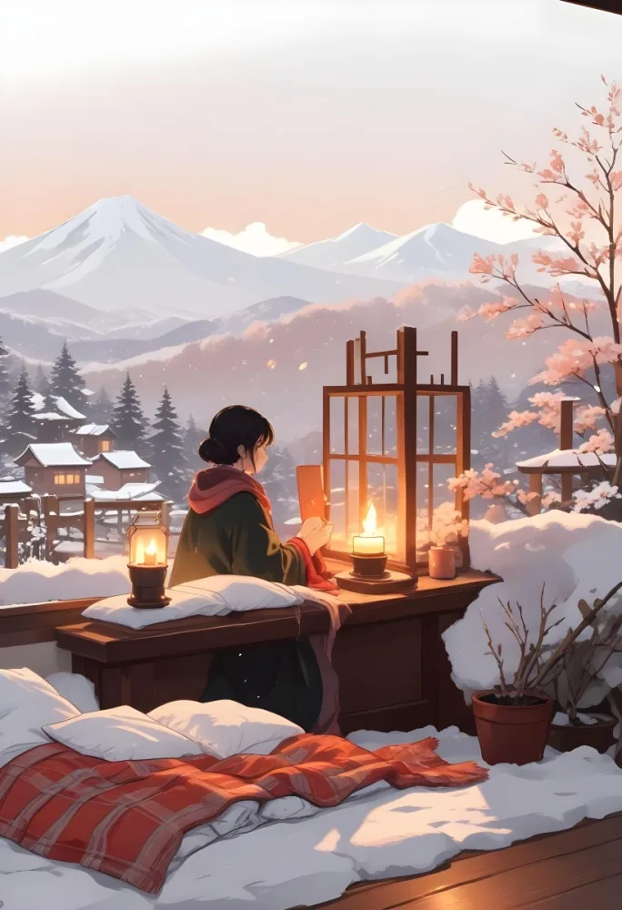 Cozy Winter Scene With Lit Candles A Warm Blanket And A Window Overlooking A Snowy Landscape 4 5632