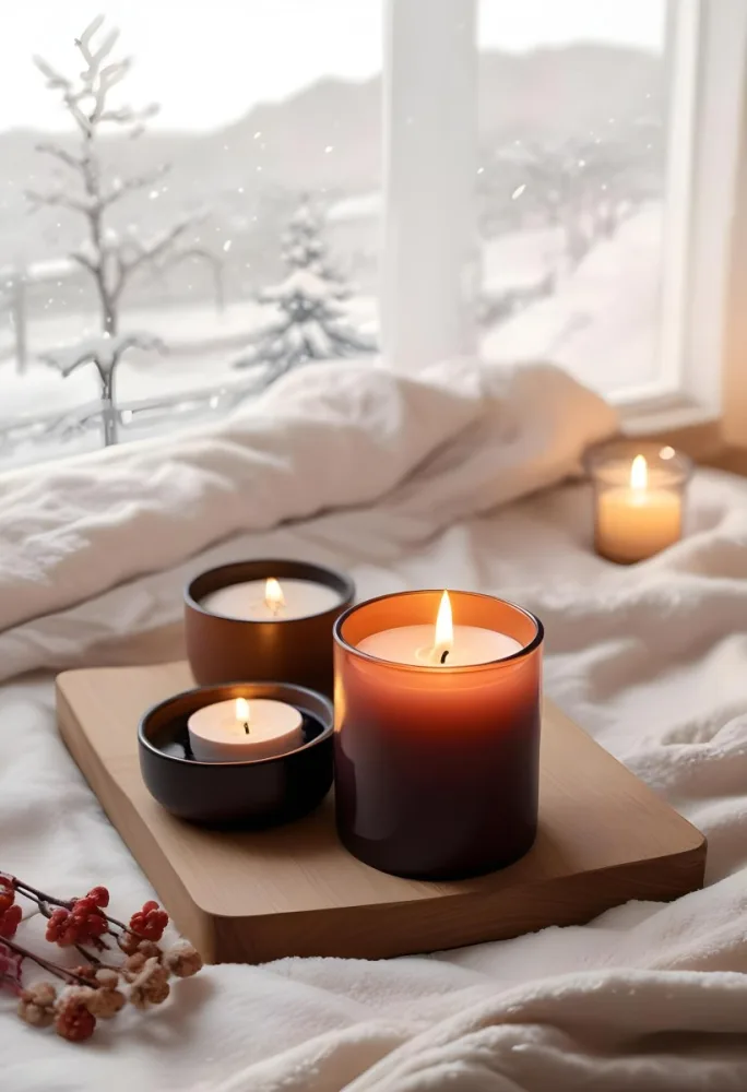 Cozy Winter Scene With Lit Candles A Warm Blanket And A Window Overlooking A Snowy Landscape 5 C697