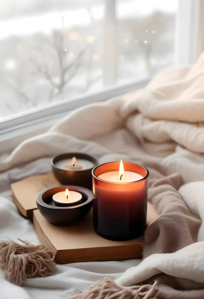 Cozy Winter Scene With Lit Candles A Warm Blanket And A Window Overlooking A Snowy Landscape 6 A9a0