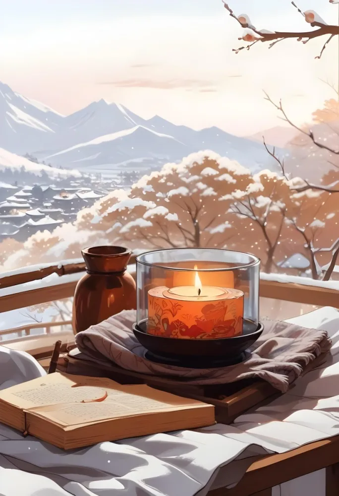 Cozy Winter Scene With Lit Candles A Warm Blanket And A Window Overlooking A Snowy Landscape 8 3069