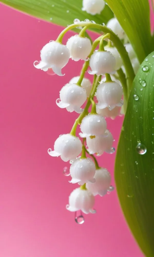Delicate White Lily Of The Valley Flowers With Water Droplets On Green Stems Against A Vibrant Pink Background 1 B763