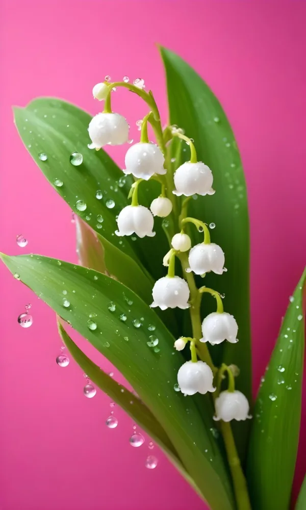 Delicate White Lily Of The Valley Flowers With Water Droplets On Green Stems Against A Vibrant Pink Background 2 Acfa