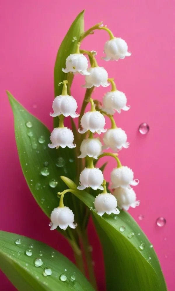 Delicate White Lily Of The Valley Flowers With Water Droplets On Green Stems Against A Vibrant Pink Background 3 A96d