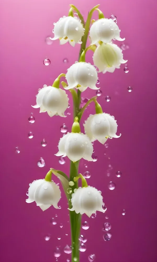 Delicate White Lily Of The Valley Flowers With Water Droplets On Green Stems Against A Vibrant Pink Background 4 8d30