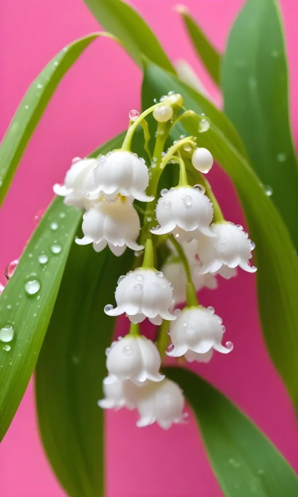 Delicate White Lily Of The Valley Flowers With Water Droplets On Green Stems Against A Vibrant Pink Background 5 3b4c