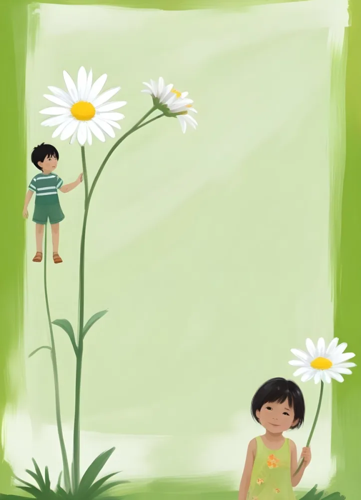 Digital Painting A 6 Year Old Asian Boy And A 6 Year Old Caucasian Girl Holding A Daisy In A Green Background Bold And Slim Lines Brush Strokes 15 7914
