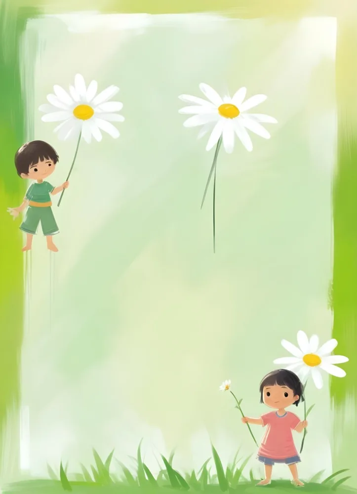Digital Painting A 6 Year Old Asian Boy And A 6 Year Old Caucasian Girl Holding A Daisy In A Green Background Bold And Slim Lines Brush Strokes 20 8bba