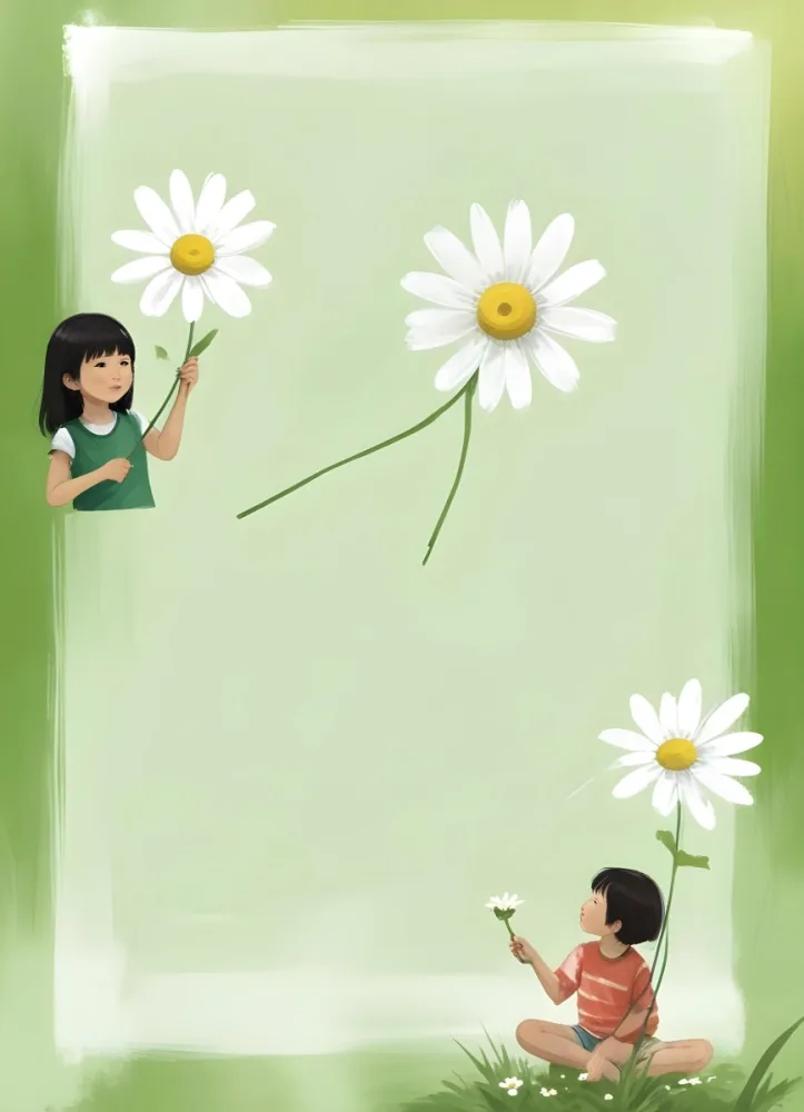 Digital Painting A 6 Year Old Asian Boy And A 6 Year Old Caucasian Girl Holding A Daisy In A Green Background Bold And Slim Lines Brush Strokes 35 621a