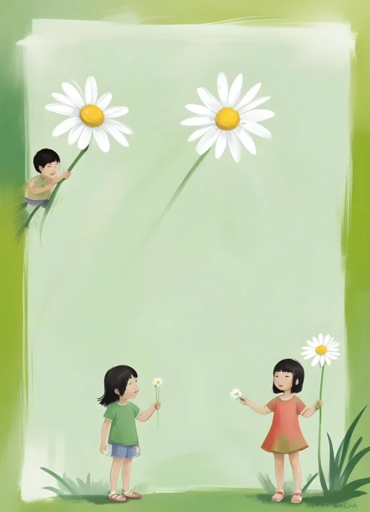 Digital Painting A 6 Year Old Asian Boy And A 6 Year Old Caucasian Girl Holding A Daisy In A Green Background Bold And Slim Lines Brush Strokes 46 F5c7