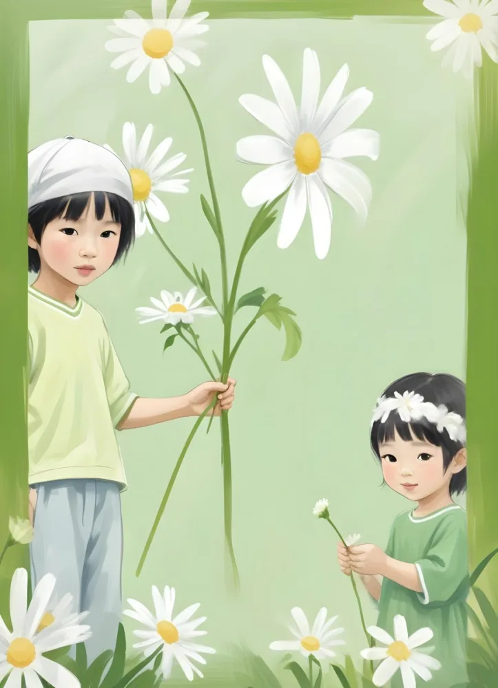 Digital Painting A 6 Year Old Asian Boy And A 6 Year Old Caucasian Girl Holding A Daisy In A Green Background Bold And Slim Lines Brush Strokes 50 7983