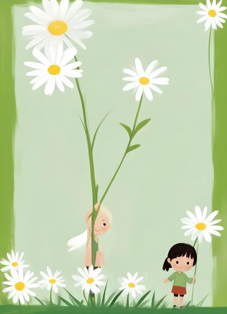 Digital Painting A 6 Year Old Asian Boy And A 6 Year Old Caucasian Girl Holding A Daisy In A Green Background Bold And Slim Lines Brush Strokes 51 23aa