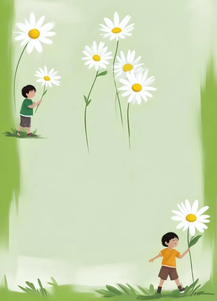 Digital Painting A 6 Year Old Asian Boy And A 6 Year Old Caucasian Girl Holding A Daisy In A Green Background Bold And Slim Lines Brush Strokes 52 44a2