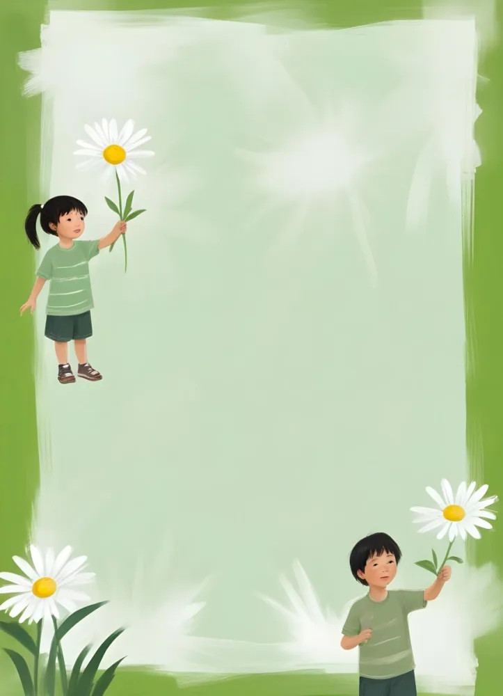 Digital Painting A 6 Year Old Asian Boy And A 6 Year Old Caucasian Girl Holding A Daisy In A Green Background Bold And Slim Lines Brush Strokes 53 26f3