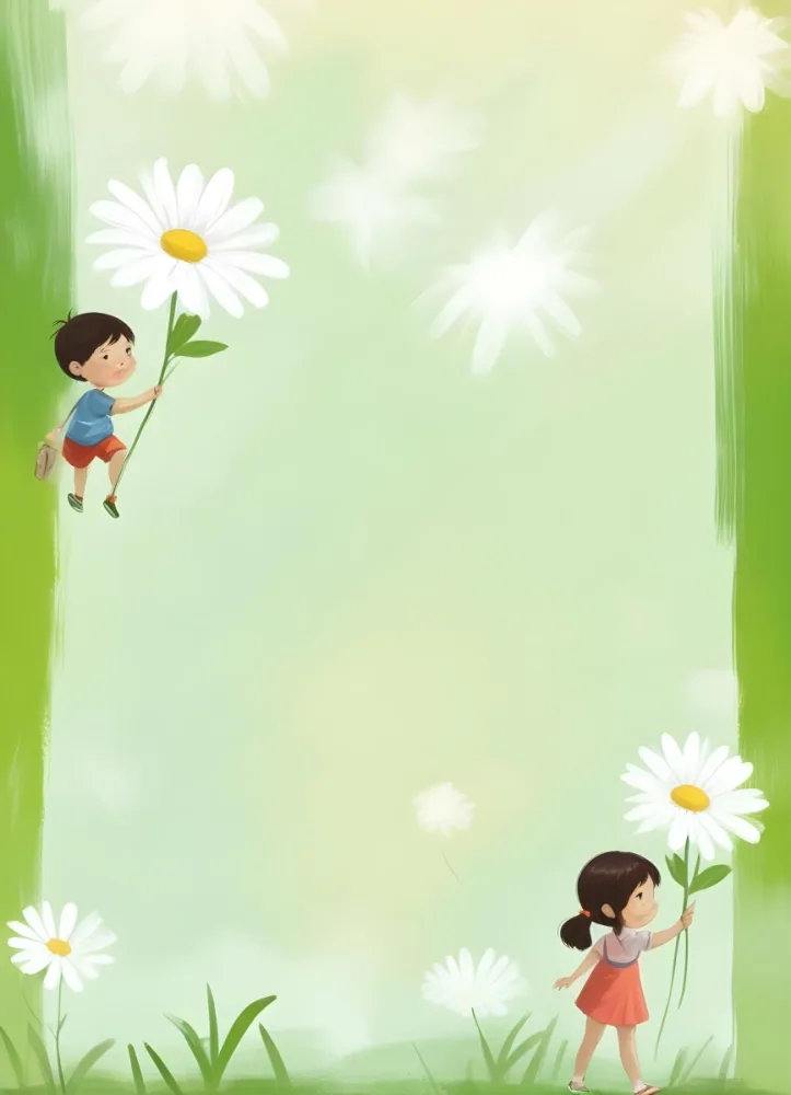 Digital Painting A 6 Year Old Asian Boy And A 6 Year Old Caucasian Girl Holding A Daisy In A Green Background Bold And Slim Lines Brush Strokes 54 0c55