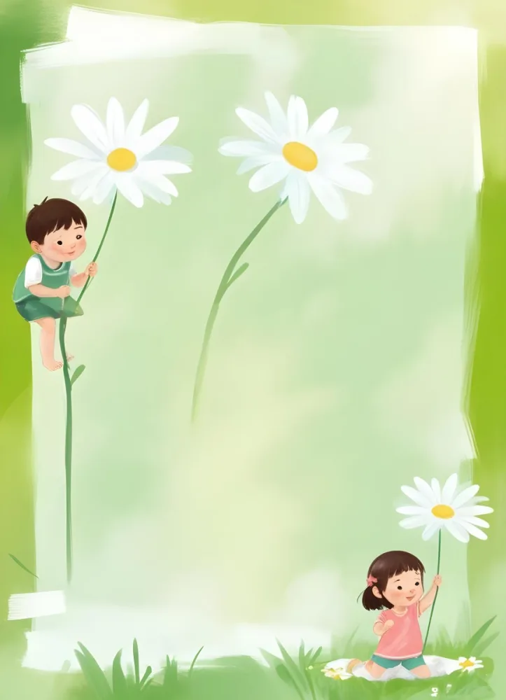 Digital Painting A 6 Year Old Asian Boy And A 6 Year Old Caucasian Girl Holding A Daisy In A Green Background Bold And Slim Lines Brush Strokes 55 Af56