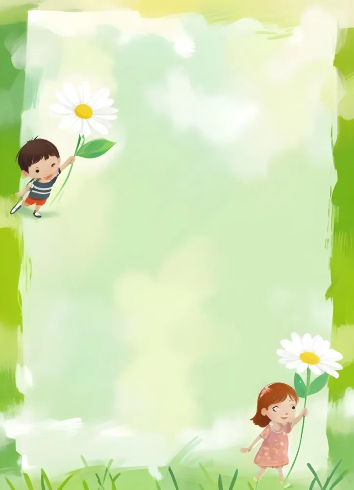 Digital Painting A 6 Year Old Asian Boy And A 6 Year Old Caucasian Girl Holding A Daisy In A Green Background Bold And Slim Lines Brush Strokes 7 30fb