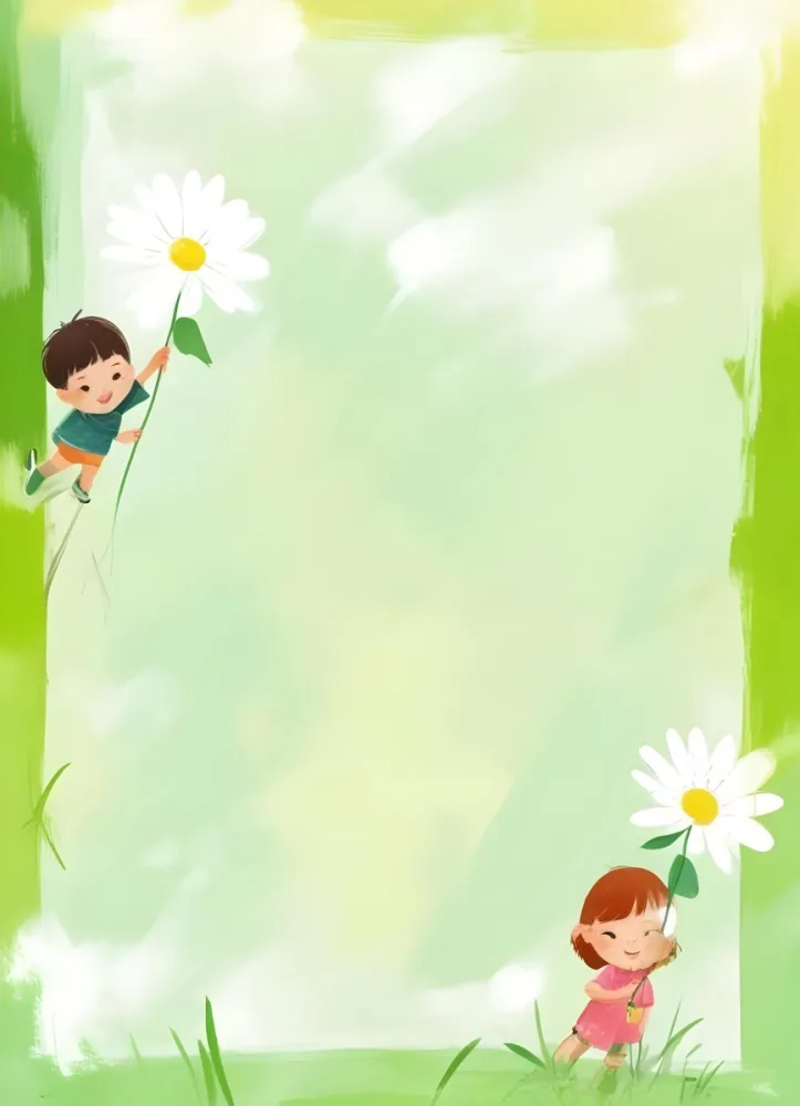Digital Painting A 6 Year Old Asian Boy And A 6 Year Old Caucasian Girl Holding A Daisy In A Green Background Bold And Slim Lines Brush Strokes 9 Ed3f