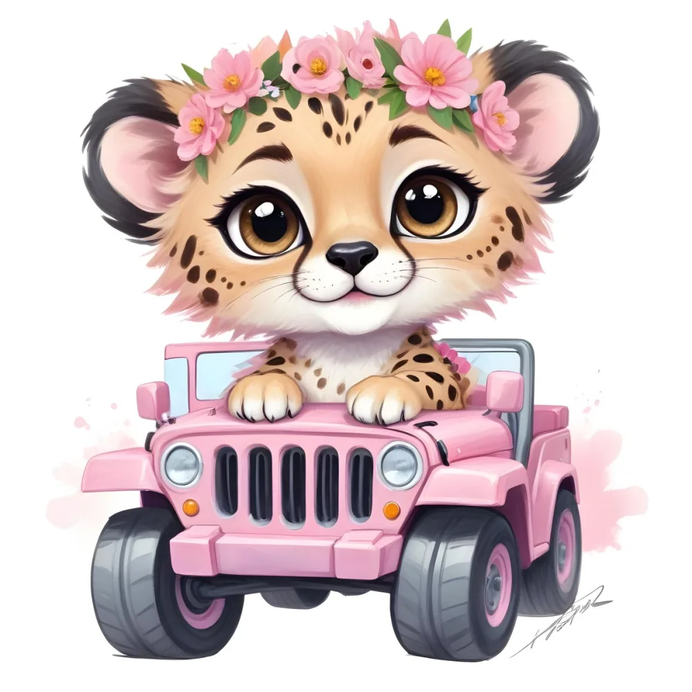 Digital Painting A Baby Cheetah With A Flower Crown Driving A Pink Jeep Big Eyes Cartoonish Style Simple Background Bold And Slim Lines Brush Strokes 16 1d9e