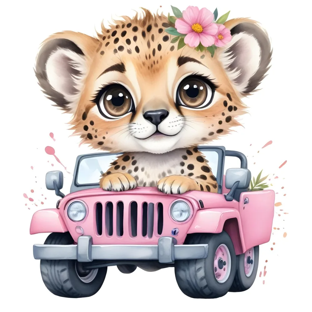 Digital Painting A Baby Cheetah With A Flower Crown Driving A Pink Jeep Big Eyes Cartoonish Style Simple Background Bold And Slim Lines Brush Strokes 17 017a