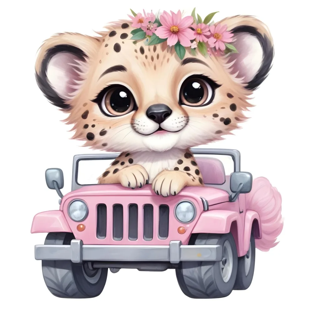 Digital Painting A Baby Cheetah With A Flower Crown Driving A Pink Jeep Big Eyes Cartoonish Style Simple Background Bold And Slim Lines Brush Strokes 18 F2be
