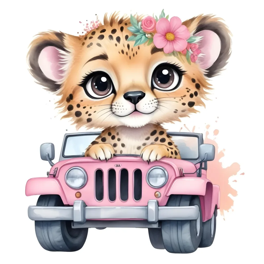 Digital Painting A Baby Cheetah With A Flower Crown Driving A Pink Jeep Big Eyes Cartoonish Style Simple Background Bold And Slim Lines Brush Strokes 32 4669
