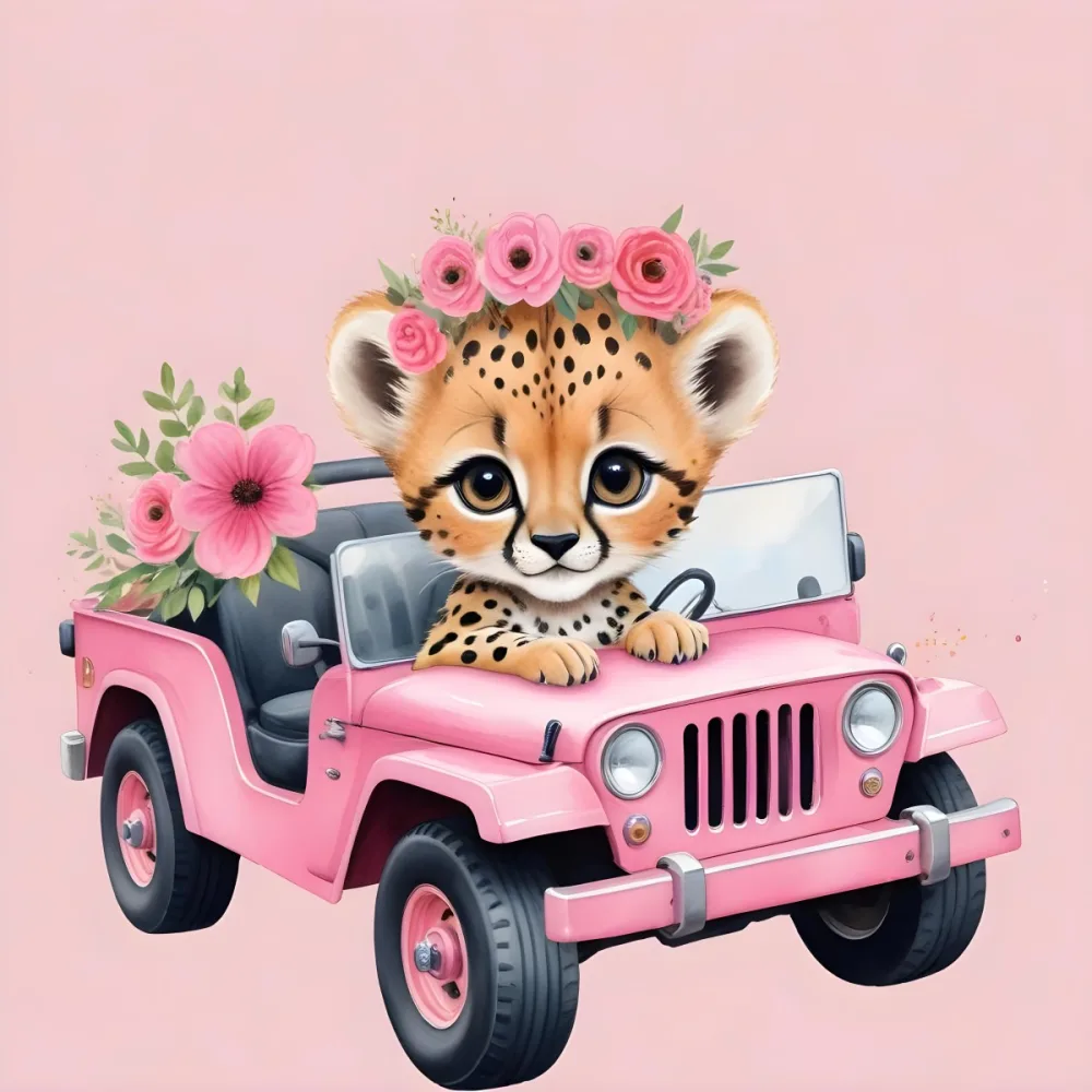 Digital Painting A Baby Cheetah With A Flower Crown Driving A Pink Jeep Big Eyes Cartoonish Style Simple Background Bold And Slim Lines Brush Strokes 35 1933