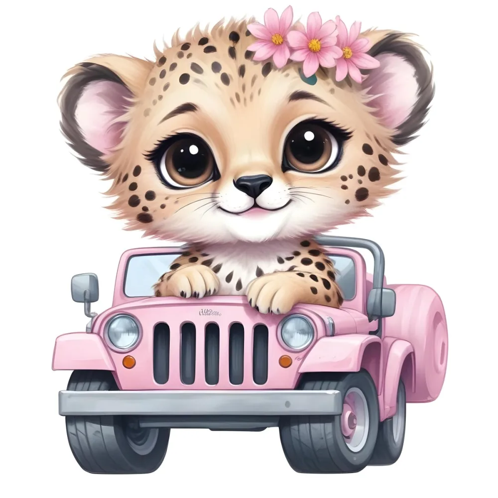 Digital Painting A Baby Cheetah With A Flower Crown Driving A Pink Jeep Big Eyes Cartoonish Style Simple Background Bold And Slim Lines Brush Strokes 4 F117