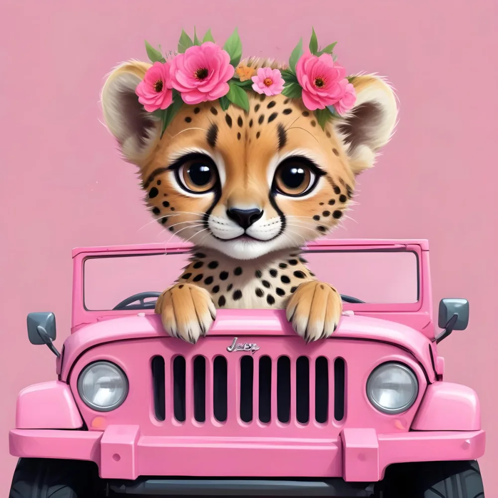 Digital Painting A Baby Cheetah With A Flower Crown Driving A Pink Jeep Big Eyes Cartoonish Style Simple Background Bold And Slim Lines Brush Strokes 42 5fa5