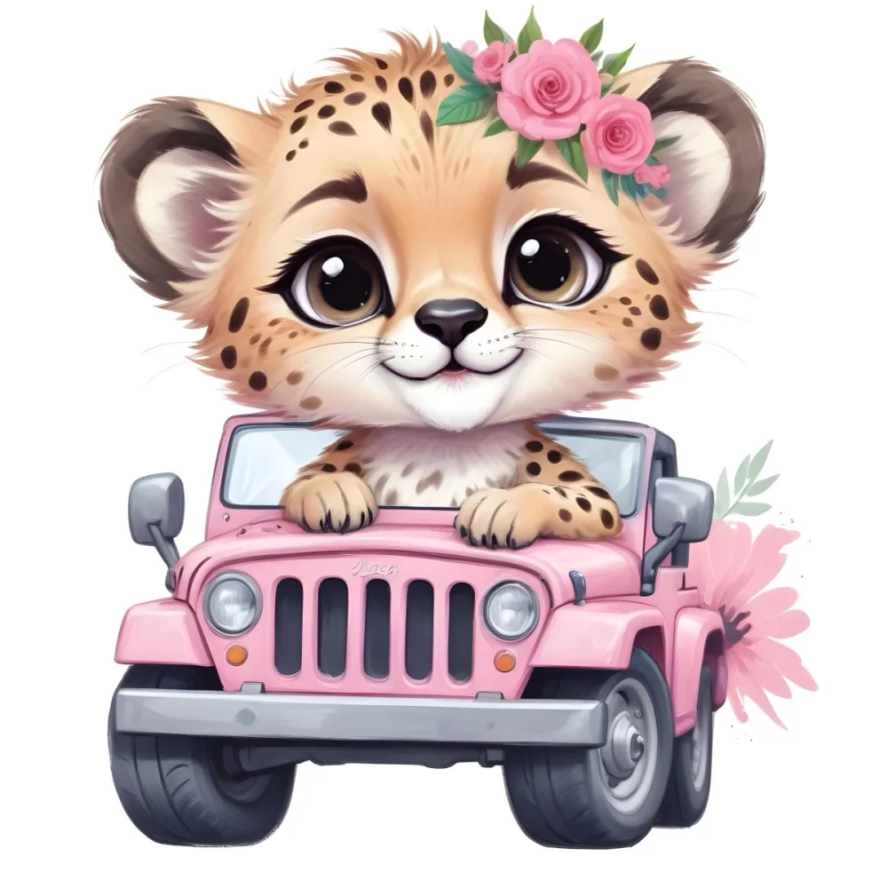Digital Painting A Baby Cheetah With A Flower Crown Driving A Pink Jeep Big Eyes Cartoonish Style Simple Background Bold And Slim Lines Brush Strokes 46 A92d