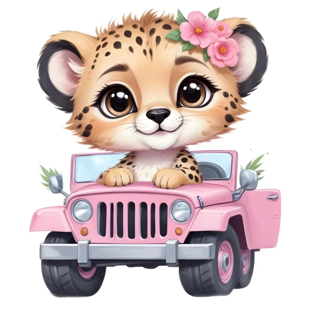 Digital Painting A Baby Cheetah With A Flower Crown Driving A Pink Jeep Big Eyes Cartoonish Style Simple Background Bold And Slim Lines Brush Strokes 48 A290