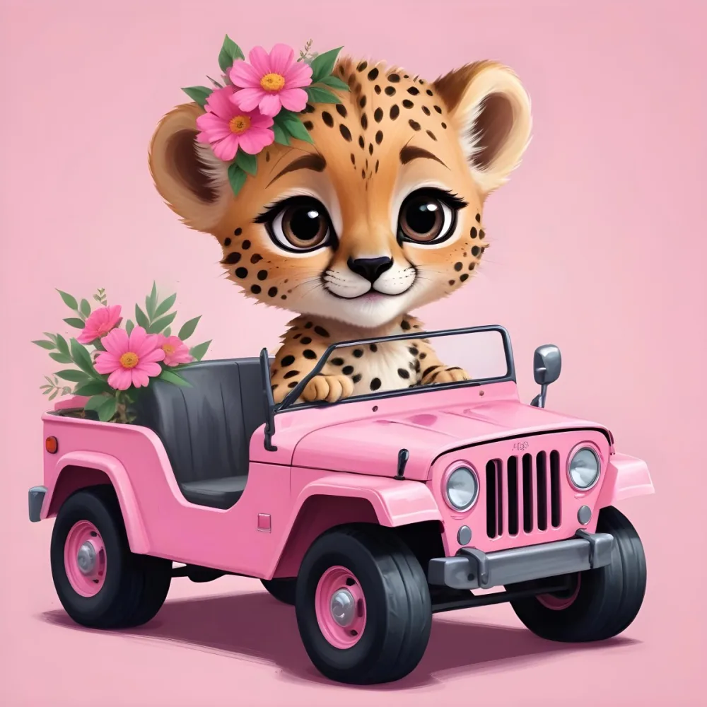 Digital Painting A Baby Cheetah With A Flower Crown Driving A Pink Jeep Big Eyes Cartoonish Style Simple Background Bold And Slim Lines Brush Strokes 49 9da2
