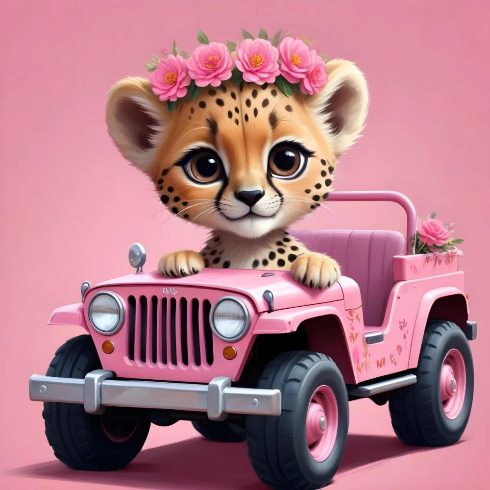 Digital Painting A Baby Cheetah With A Flower Crown Driving A Pink Jeep Big Eyes Cartoonish Style Simple Background Bold And Slim Lines Brush Strokes 5 1817