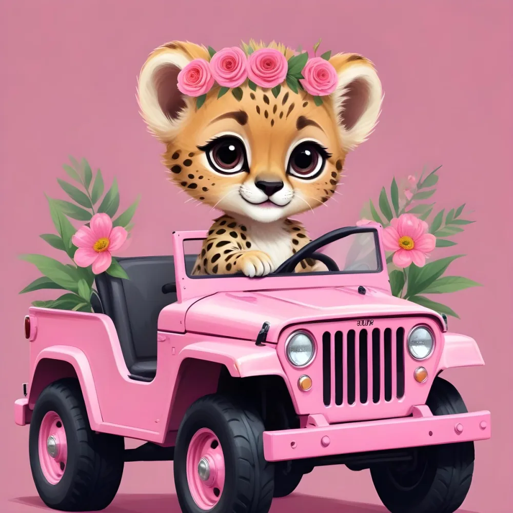 Digital Painting A Baby Cheetah With A Flower Crown Driving A Pink Jeep Big Eyes Cartoonish Style Simple Background Bold And Slim Lines Brush Strokes 51 8592