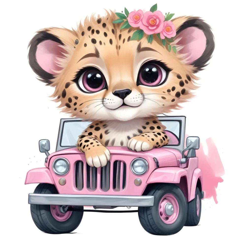 Digital Painting A Baby Cheetah With A Flower Crown Driving A Pink Jeep Big Eyes Cartoonish Style Simple Background Bold And Slim Lines Brush Strokes 52 A6c3