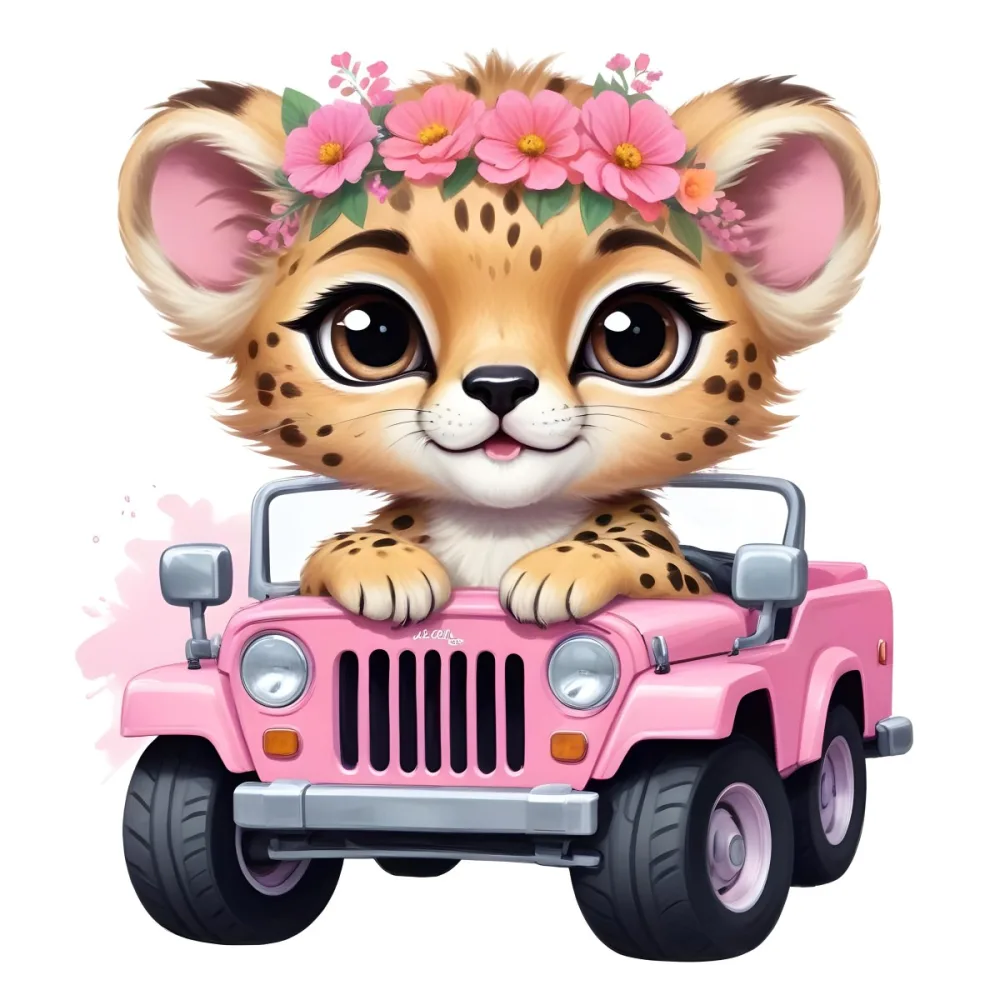 Digital Painting A Baby Cheetah With A Flower Crown Driving A Pink Jeep Big Eyes Cartoonish Style Simple Background Bold And Slim Lines Brush Strokes 6 95d7