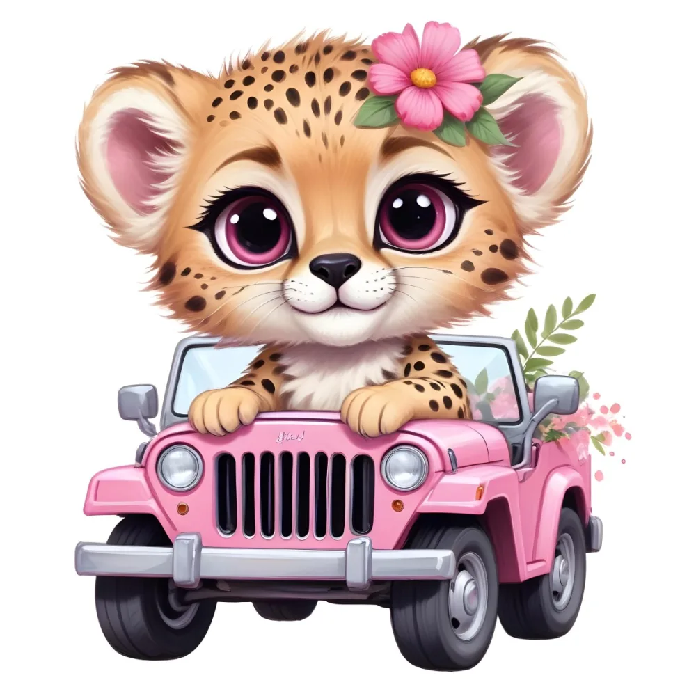 Digital Painting A Baby Cheetah With A Flower Crown Driving A Pink Jeep Big Eyes Cartoonish Style Simple Background Bold And Slim Lines Brush Strokes 7 E907