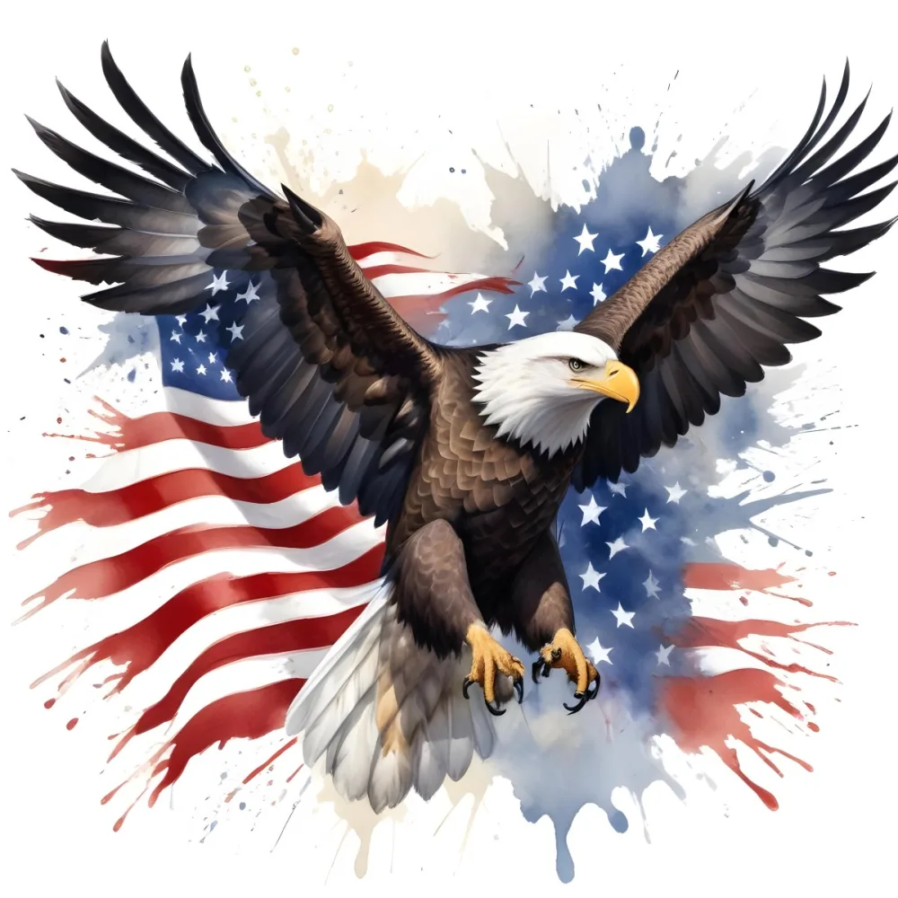 Digital Painting A Bald Eagle With Its Wings Spread Soaring Against A Background Of The American Flag The Eagle Has A Fierce Expression And Its Feathers Are Detailed With Stars And Stripes Representing The Patrio 6 E8d3