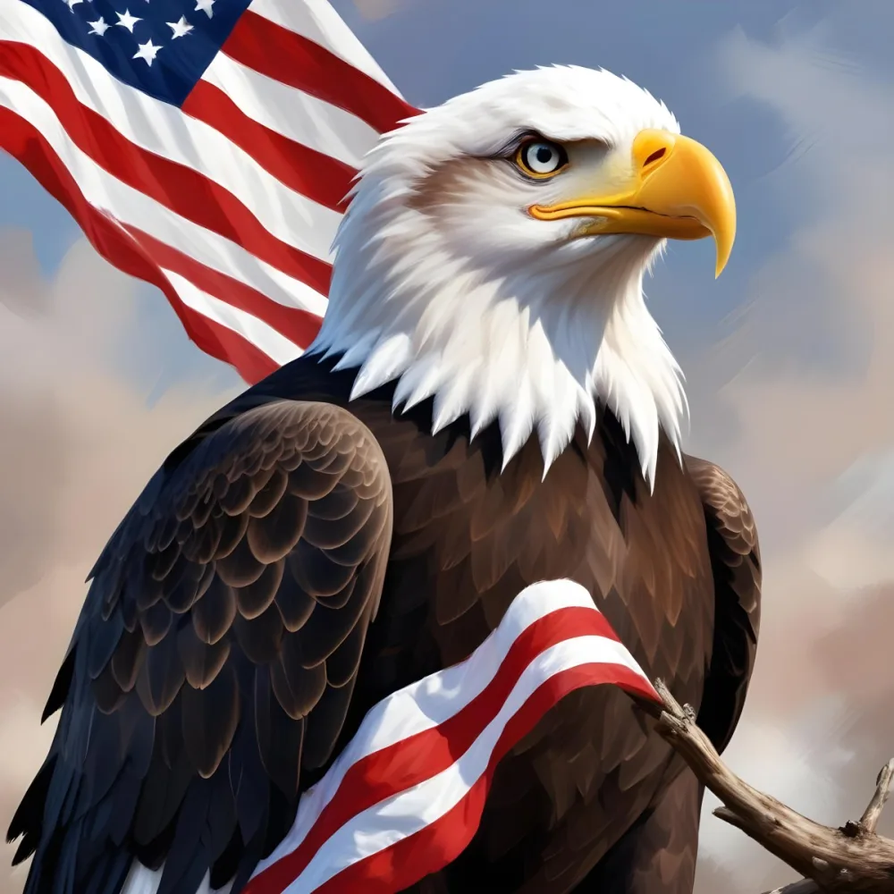Digital Painting A Bald Eagle With White Head And Tail Feathers Perched On A Branch And Surrounded By An American Flag The Eagle Has A Fierce Expression And Is Depicted In A Patriotic Symbolic Style Bold And Slim 5 Cba1