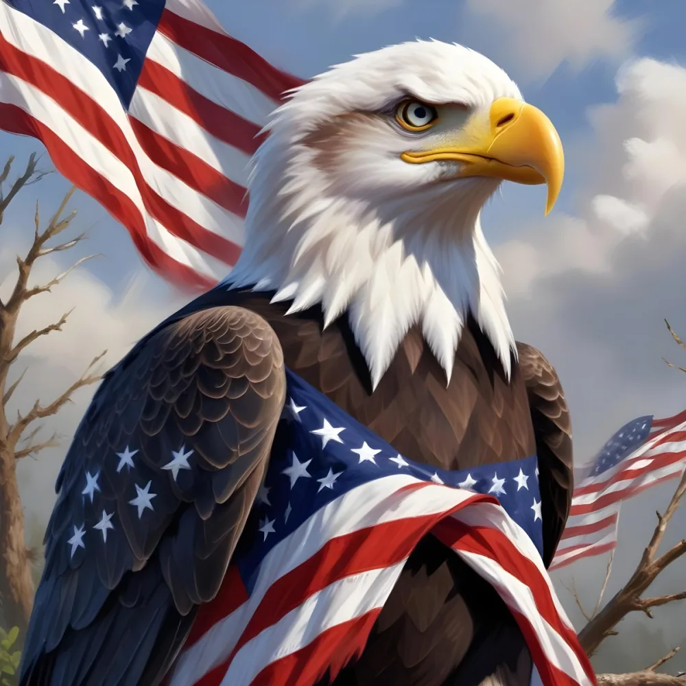 Digital Painting A Bald Eagle With White Head And Tail Feathers Perched On A Branch And Surrounded By An American Flag The Eagle Has A Fierce Expression And Is Depicted In A Patriotic Symbolic Style Bold And Slim 6 1645