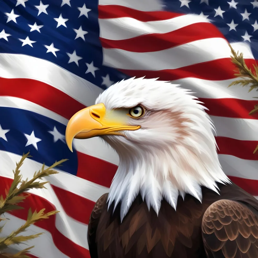 Digital Painting A Bald Eagle With White Head And Tail Feathers Perched On A Branch And Surrounded By An American Flag The Eagle Has A Fierce Expression And Is Depicted In A Patriotic Symbolic Style Bold And Slim 8 65a4