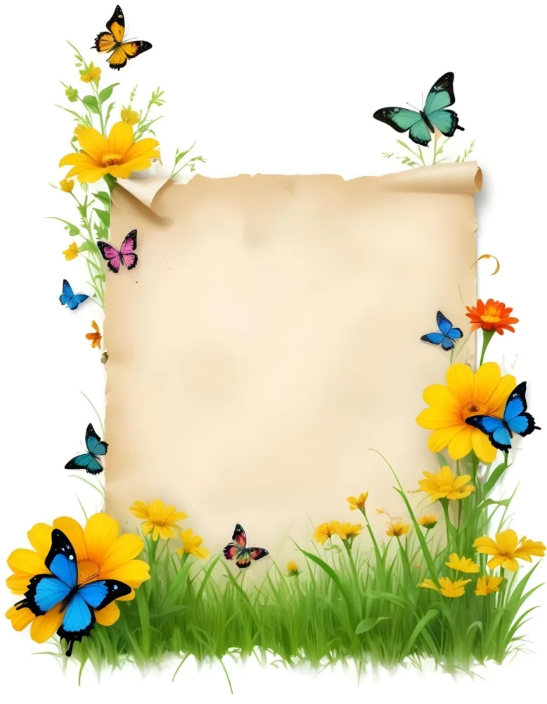 Digital Painting A Blank Parchment Paper Surrounded By Yellow Flowers Green Grass And Colorful Butterflies On A Colorful Background Creating A Vibrant And Natural Frame Bold And Slim Lines Brush Strokes 5 80d7